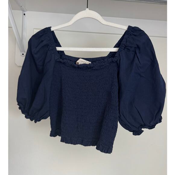 LOFT Women's Cropped Bubble Sleeve Blouse Size Medium Navy Stretchy - Picture 2 of 6